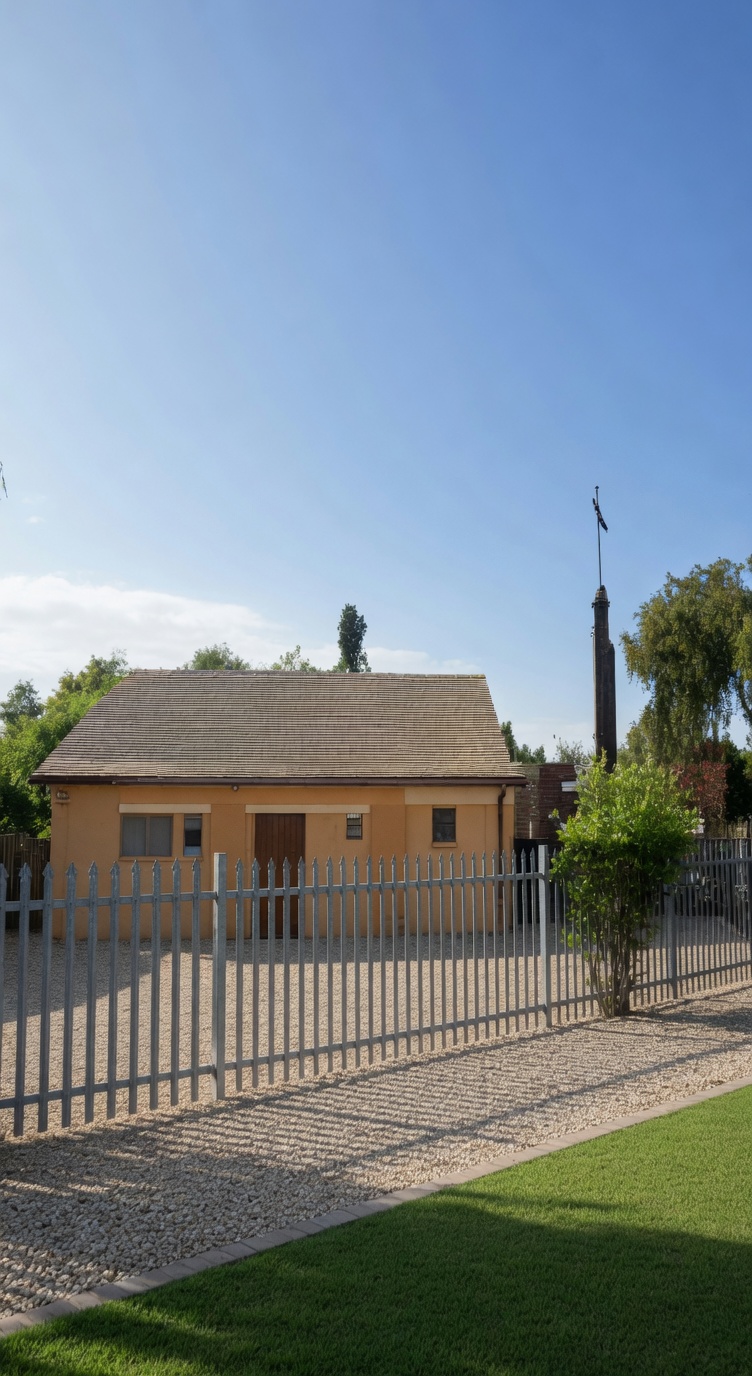 Die kerkgebou agter die heining in Vergesig